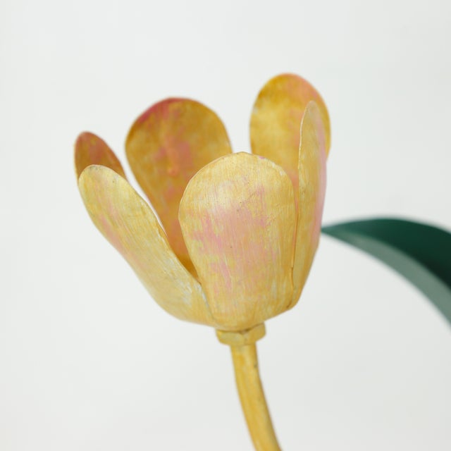 Vintage Brunschwig & Fils Green Tole Flower Table Lamps, Yellow and Pink Tulip Design - a Pair For Sale - Image 9 of 11