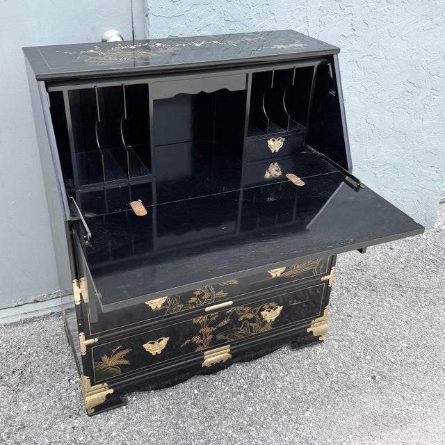 Chinese Chinese Black Lacquered and Hand-Painted Secretary Desk For Sale - Image 3 of 8
