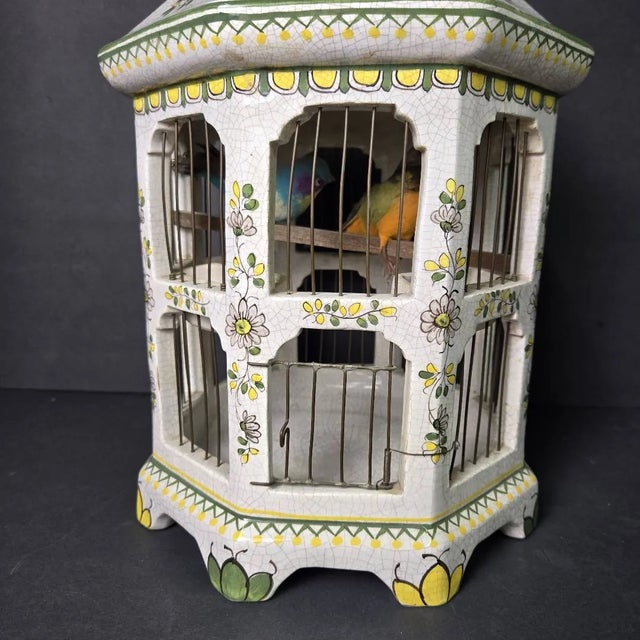 Vintage 18" Italian Majolica Pagoda Birdcage With Birds – Crackle Glaze Florals For Sale - Image 12 of 14