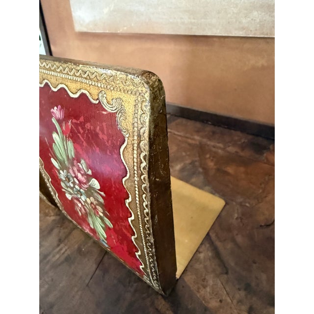 Wood 1960s Pair of Italian Florentine Hand-Painted Red Floral Bookends by G. Serraglini Firenze For Sale - Image 7 of 12