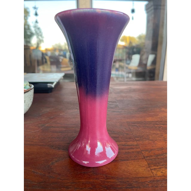 Pink Vintage Cliftwood Art Pottery(Morton) Unmarked Small Maroon/Blue Trumpet Vase For Sale - Image 8 of 8