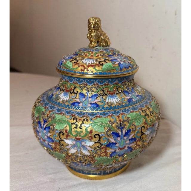 Chinese High Quality Vintage Handmade Chinese Foo Dog Enamel Champleve Cloisonné Ginger Jar For Sale - Image 3 of 12