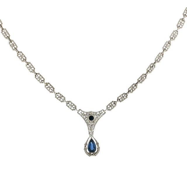 Traditional Early 20th Century Edwardian Platinum and 14k White Gold Sapphire Necklace For Sale - Image 3 of 6
