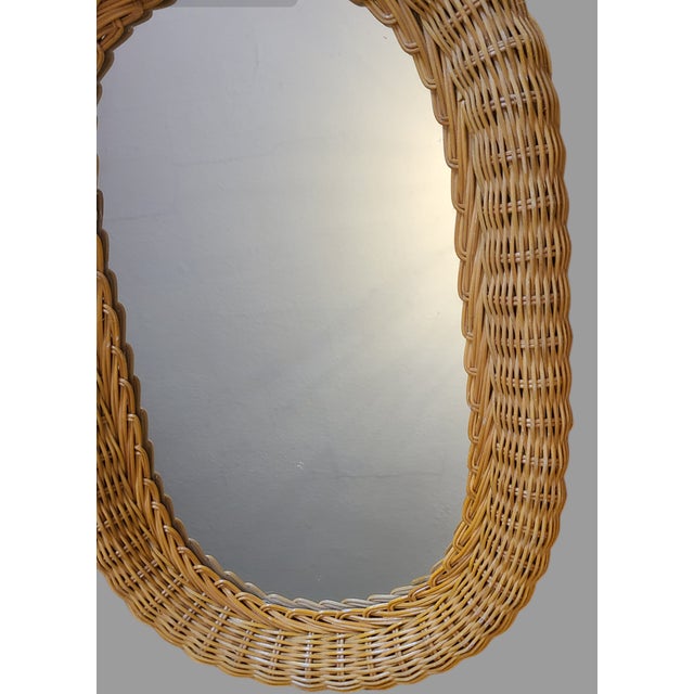 Vintage Coastal Tropical Boho Natural Wicker Rattan Wall Mirror Decor Oval For Sale - Image 4 of 8