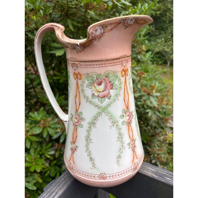 Antique Crown Devon Victorian/Edwardian Art Nouveau Fine English Porcelain Pitcher and Washbowl Set For Sale - Image 13 of 14