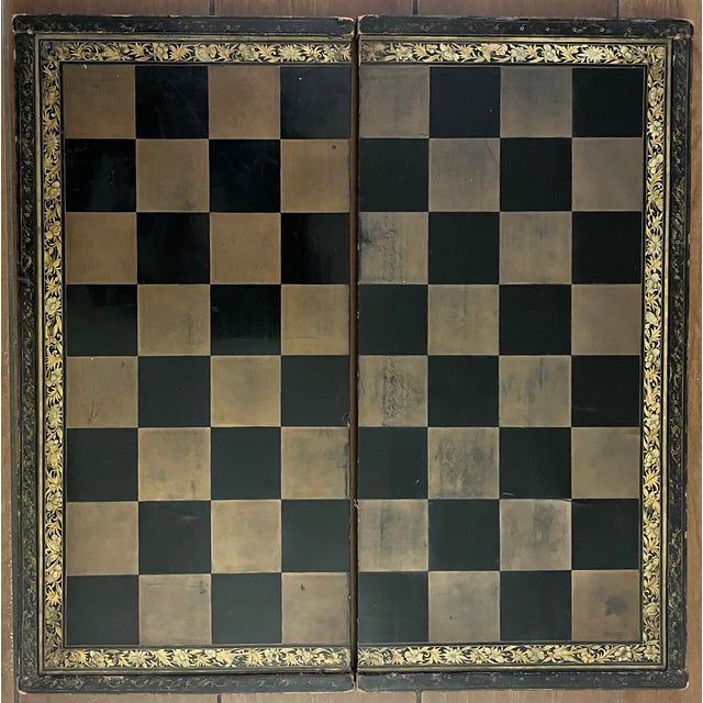Paint Antique 19th Century Chinese Export Black, Red & Gold Lacquer Wooden Game Board for Chess, Checkers and Backgammon For Sale - Image 7 of 16