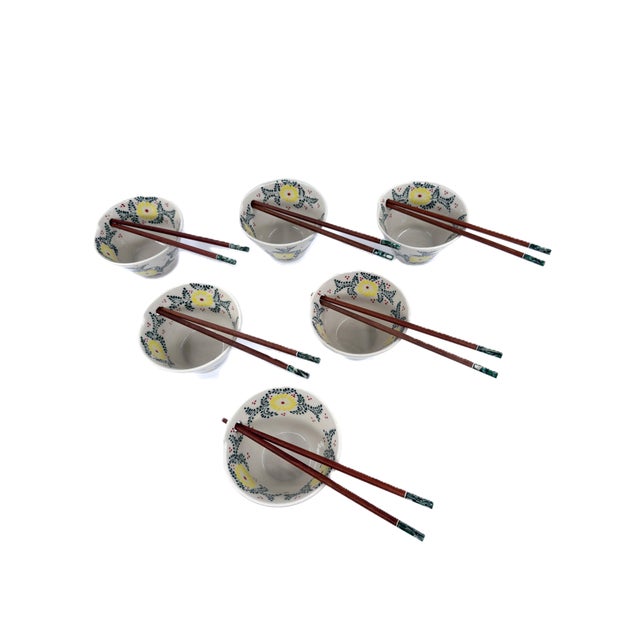 Hand-Painted Bat Trang Vietnamese Ceramic Bowls With Yellow Floral Motifs and Chopstick Rests - Set of 6 For Sale - Image 4 of 12