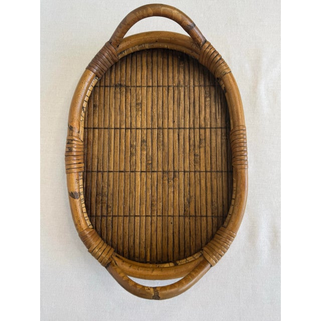 Mid 20th Century Vintage Coastal Bamboo & Pencil Reed Rattan Double Handle Serving Tray in the Style of Gabriella Crespi For Sale - Image 5 of 12