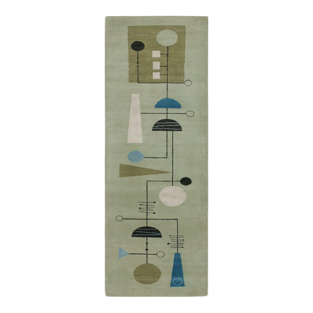 Midcentury Modern Runner in Green, Blue, White & Black Geometric Patterns For Sale