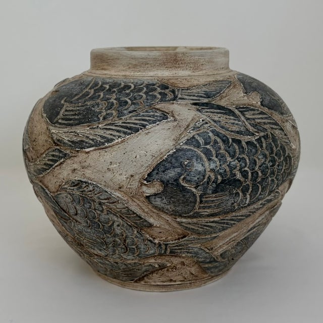 Vintage Asian-Style Ceramic Vase With Raised Relief Fish Motif For Sale - Image 4 of 13
