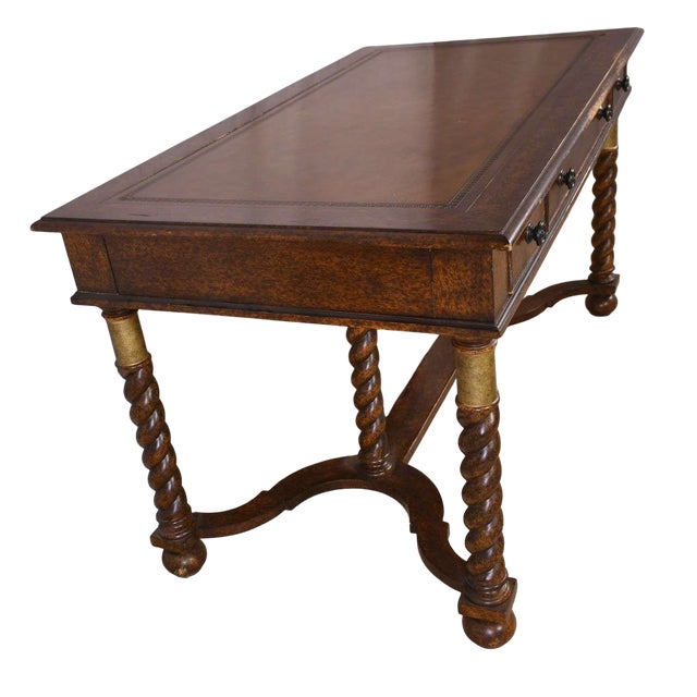 Late 20th Century Vintage Hekman Furniture Barley Twist Desk With Tooled Leather Top - 56" X 30" X 30" For Sale - Image 5 of 7