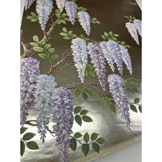 Single Hand Painted Silver Leaf Chinoiserie Wallpaper Panel, Wisteria Floral Mural, Custom Size Available For Sale - Image 6 of 6