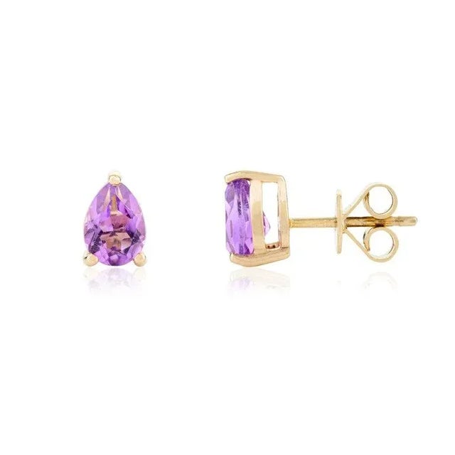 14k Gold Purple Amethyst Pear Cut Gemstone Stud Earrings- a Pair For Sale - Image 4 of 10