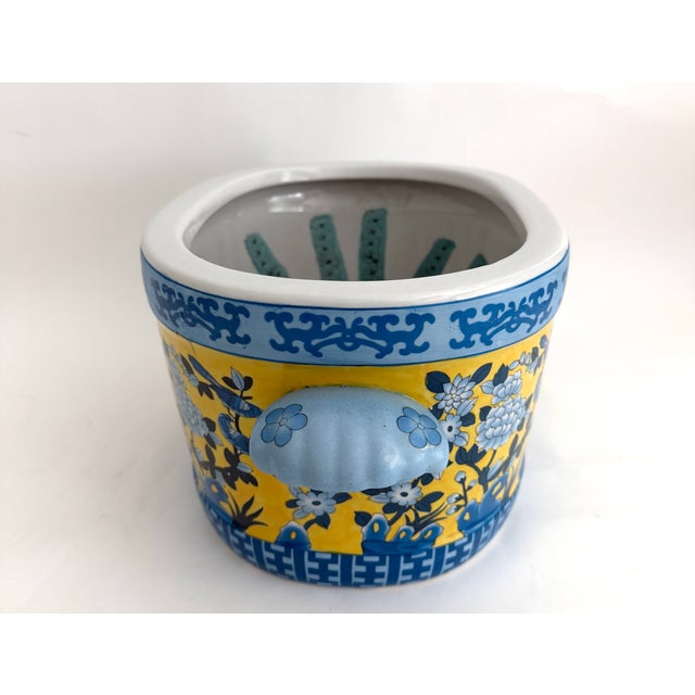 1990s Vintage Yellow & Blue Chinoiserie Porcelain Footbath Planter W/ Koi Fish For Sale - Image 5 of 12
