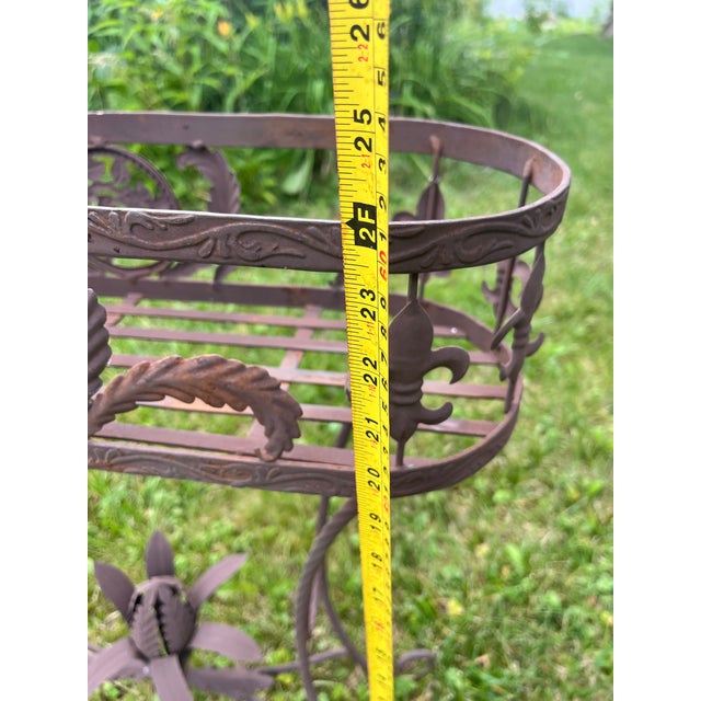 Vintage Metal Jardinière Planter Stand With Fleur-De-Lis Accents | French Country Garden Decor For Sale - Image 12 of 12