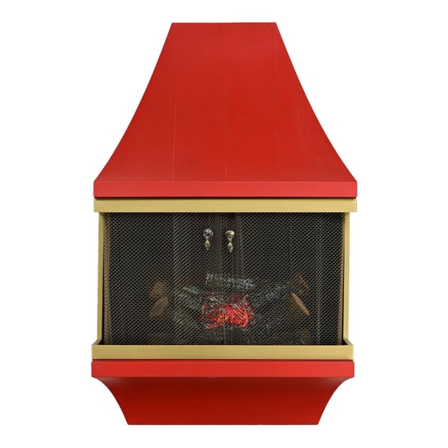 1960’s Mid-Century Modern Electric Wall Fireplace Orange With Gold Tone Trim Attributed to Montgomery Ward Style House For Sale