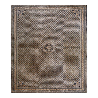 Rectangle Wool Allover Geometric Hand Knotted Pile 1920s Large Antique Blue Rug For Sale