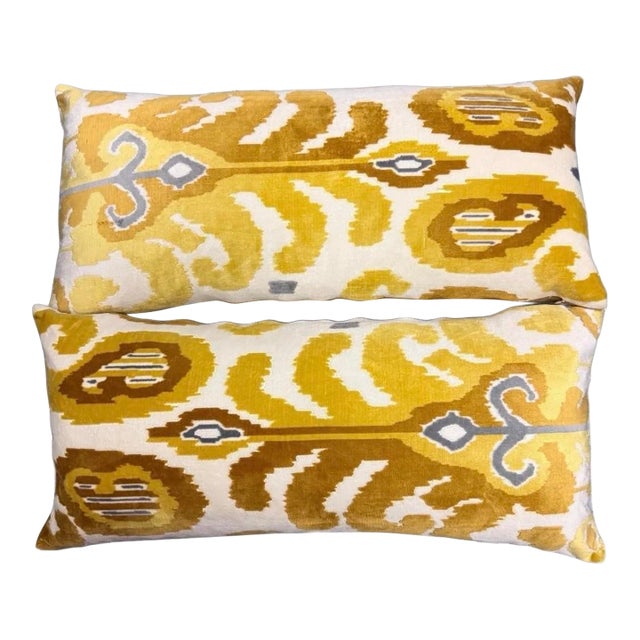 Velour Velvet Ikat Lumbar Pillows - A Pair For Sale