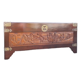1960s George Zee Hand-Carved Chinese Camphor Wood & Brass Trunk For Sale