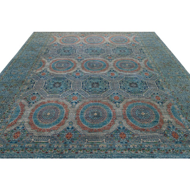 Blue Modern Mamluk Wool Rug With Geometric Design For Sale In New York - Image 6 of 9