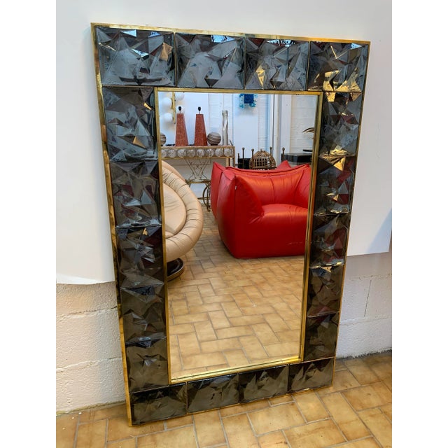 Mid-Century Modern Contemporary Brass Mirror with Gray Murano Glass, Italy For Sale - Image 3 of 11