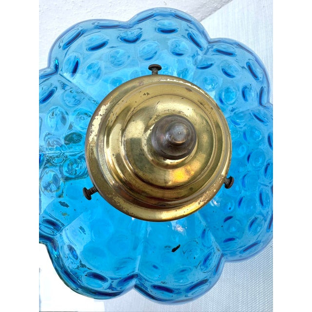 Metal 1960s Vintage Optic Coin Dot Blue Glass Lantern With Brass Canopy For Sale - Image 7 of 11