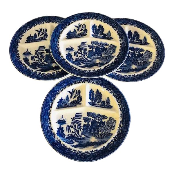 1940's Made in Occupied Japan Moriyama Blue Willow Grill Plates S/4 For Sale
