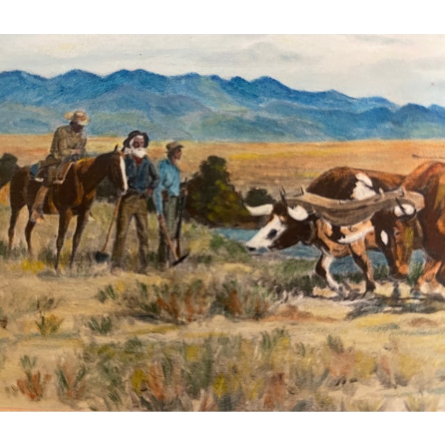 Vintage Western Pioneer Wagon Train Landscape Painting, Signed, Oregon Trail Americana. For Sale In Seattle - Image 6 of 10
