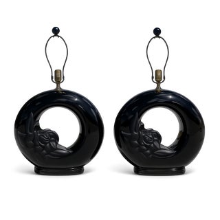 Cylindrical Gloss Matte Black Floral Table Lamps - a Pair For Sale