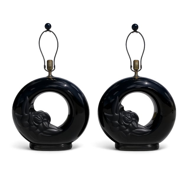 Cylindrical Gloss Matte Black Floral Table Lamps - a Pair For Sale