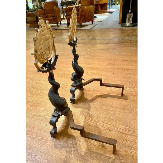 Pair American Cast Iron Dolphin Andirons For Sale - Image 9 of 11