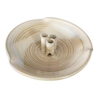 1980’s Signed Ceramic Piece /Vase With Frog in Neutral Shades For Sale