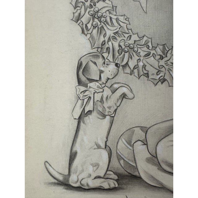 American 1940s Original Signed Graphite Illustration of Boy With Dog and Christmas Wreath, 12 × 9.5 In. For Sale - Image 3 of 6
