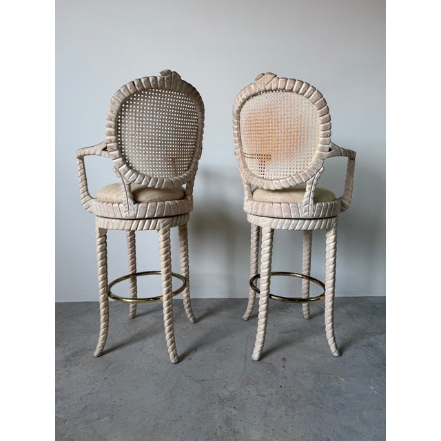 1980s Vintage Carved Wood & Cane Swivel Bar Stools – A Pair For Sale - Image 5 of 12