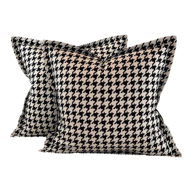Designer Vicki Payne Free Spirit Black & White Check Dogstooth Houndstooth Pillow Covers- 20" Pair For Sale