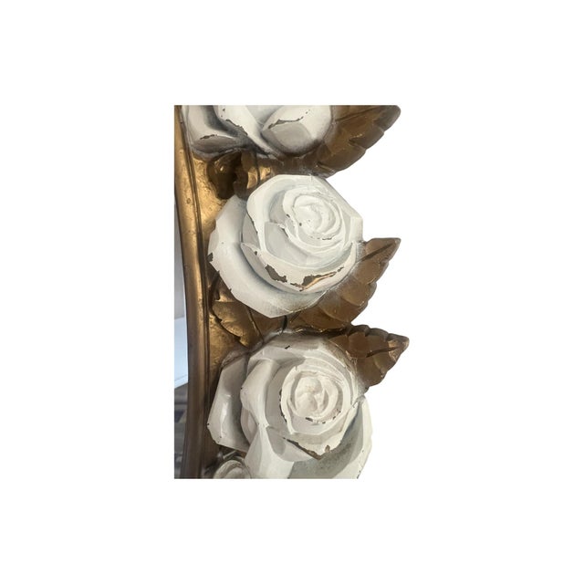 1970s Vintage Mid Century 1970s Homco White Rose Regency Gold Flower Mirror Oval Syroco Style For Sale - Image 5 of 12