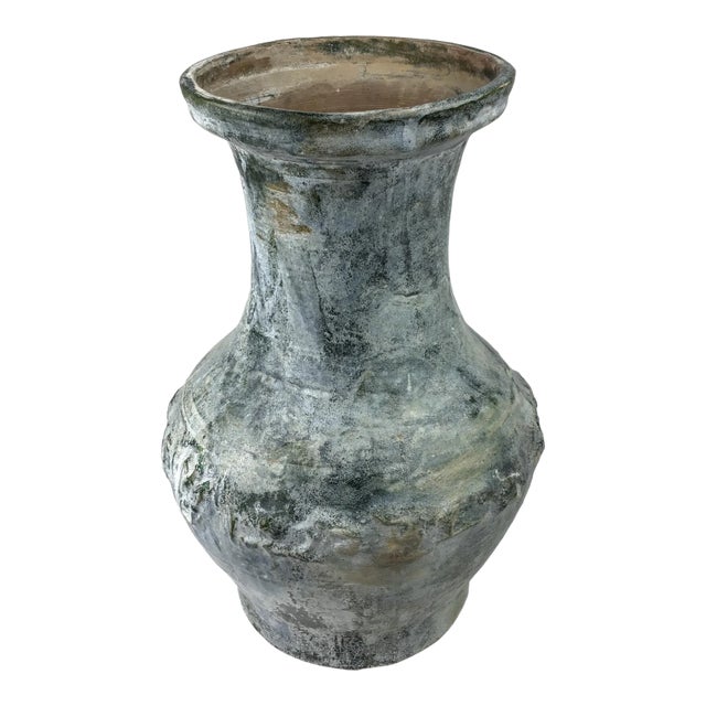 Large Green-Glazed & Silver Overtones Pottery Jar Vase For Sale