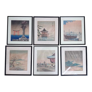 1930s Tokuriki Tomikichiro Japanese Woodblock Prints, Set of 6, Shin Ōmi Hakkei For Sale