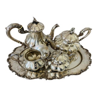 Antique Silver Tea Coffee Set With Silver Tray- 5 Pieces For Sale