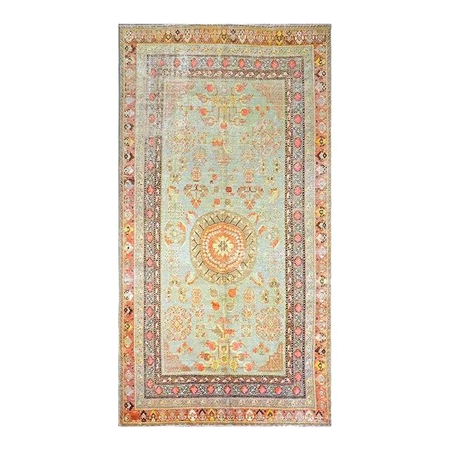 Antique Turkish Khotan Wool 6X12 Green, Orange & Blue Handmade Gallery Rug #9902946 For Sale