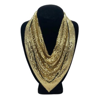 Vintage Whiting & Davis Gold-Tone Mesh Triangle Scarf Necklace For Sale
