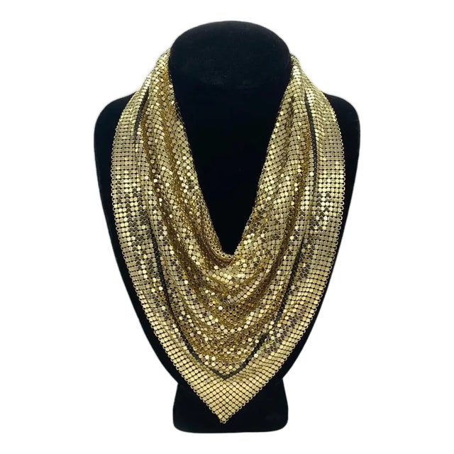 Vintage Whiting & Davis Gold-Tone Mesh Triangle Scarf Necklace For Sale