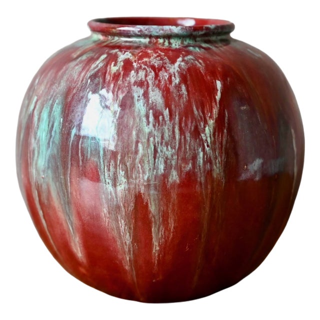 Art Nouveau Cab Ceramic Ball Vase in Flamed Red and Turquoise, France, 1920s For Sale