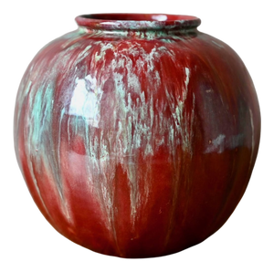 Art Nouveau Cab Ceramic Ball Vase in Flamed Red and Turquoise, France, 1920s