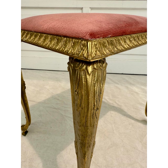 Mid 20th Century Louis XVI Rocco Style Brass Cabriole Leg Pink Upholstered Vanity Bench Stool For Sale - Image 5 of 12