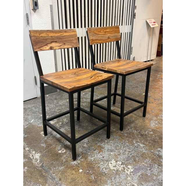 Modern Industrial Acacia Wood + Metal Barstools, Pair For Sale - Image 3 of 12