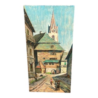 1960s Painting – European Village Street Scene With Church Steeple For Sale