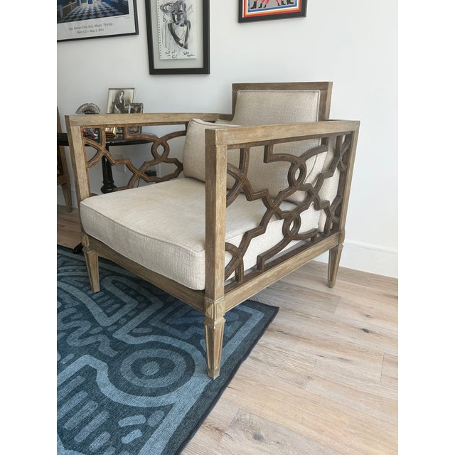 Hollywood Regency A.r.t. Home Furnishings Wood Lattice Upholstered Club Chair. (Set of 2) For Sale - Image 3 of 4