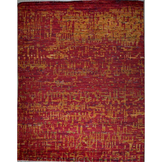 Traditional 8x10 Sari Red Anand Abstract Modern Hand Knotted Silk Carpet Rug For Sale - Image 3 of 6