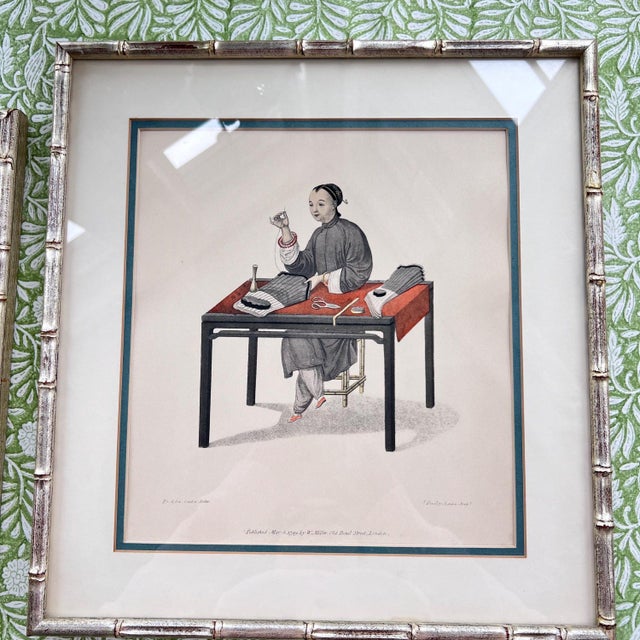 Chinoiserie Beautiful pair of Chinoiserie colored engravings in bamboo frames // matted and framed Asian art // silvered / gilt frames // chinoiserie For Sale - Image 3 of 10
